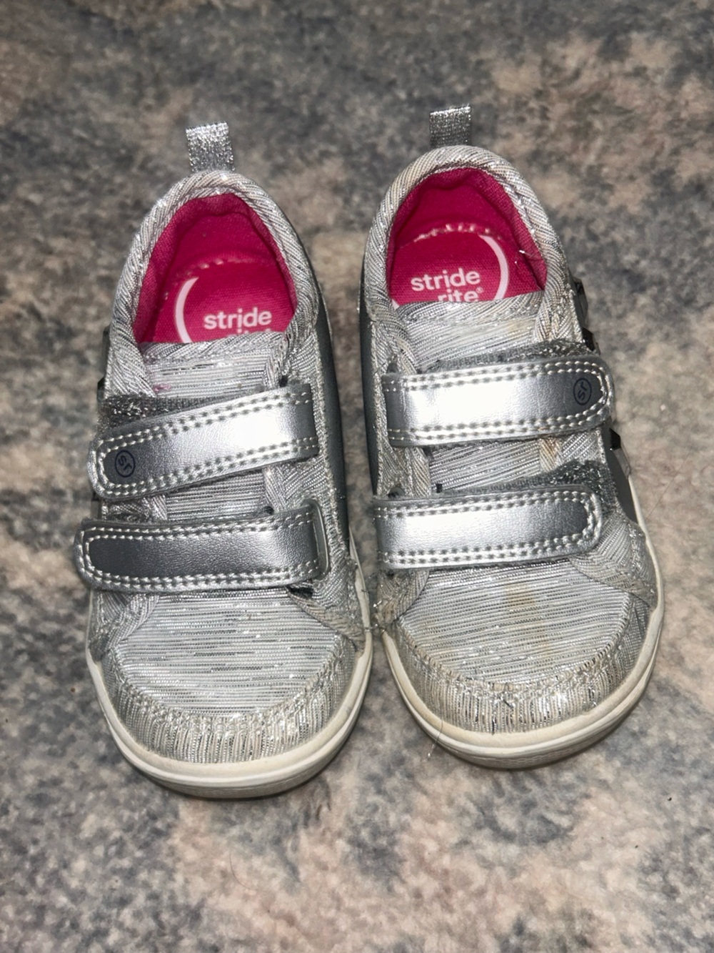 Stride Rite Silver Metallic Hook-and-Loop Sneakers with Pink Lining